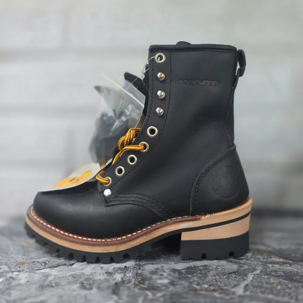 Rockwood 8071 Vintage Black Leather Logger Work Boots Made in Korea Youth Size 2